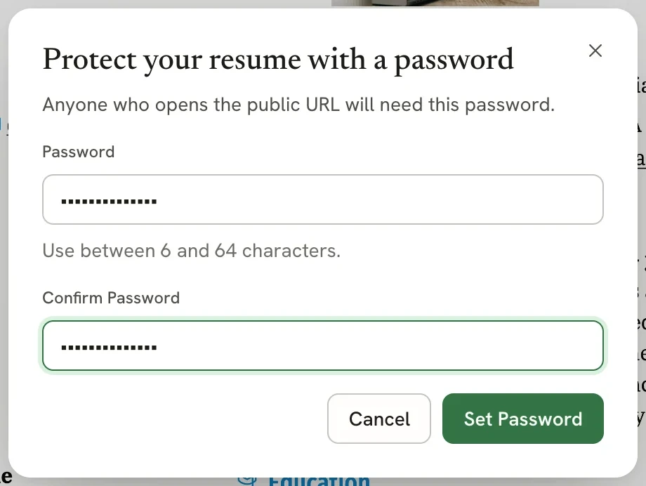 Dialog titled Protect your resume with a password, with Password and Confirm Password fields and Cancel and Set Password buttons