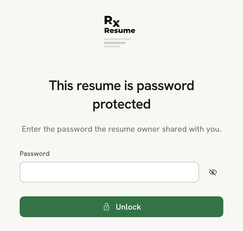 Page titled This resume is password protected, with a Password field and an Unlock button