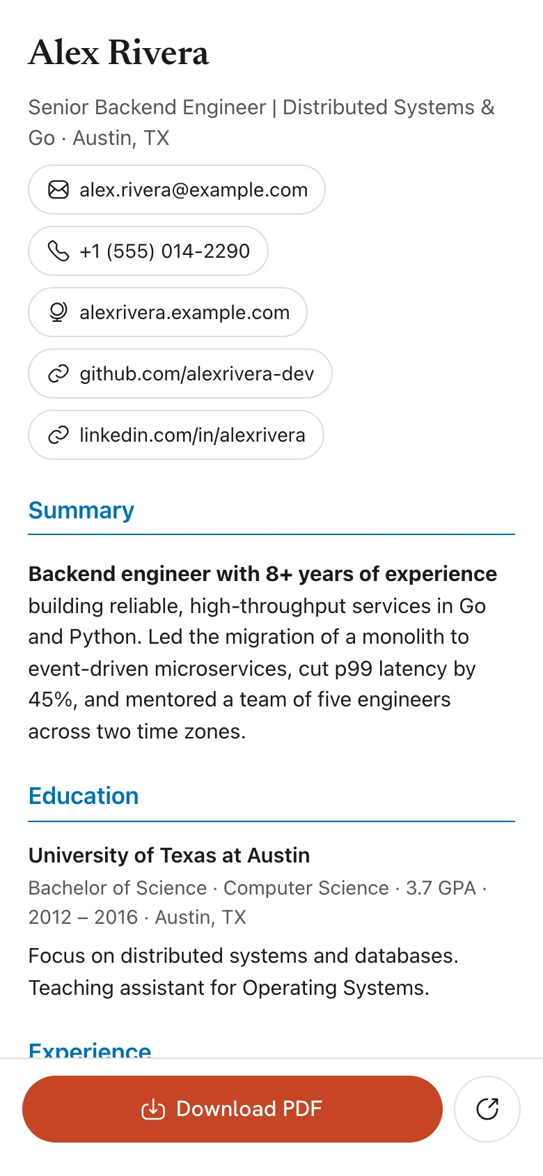 Public resume on a phone screen, reflowed into text with contact buttons, Education and Experience sections, and a pinned Download PDF button