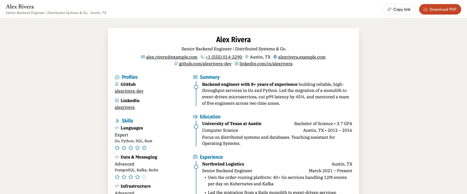 Public resume page with David Kowalski's name and headline in a top bar, Copy link and Download PDF buttons, and the resume page below