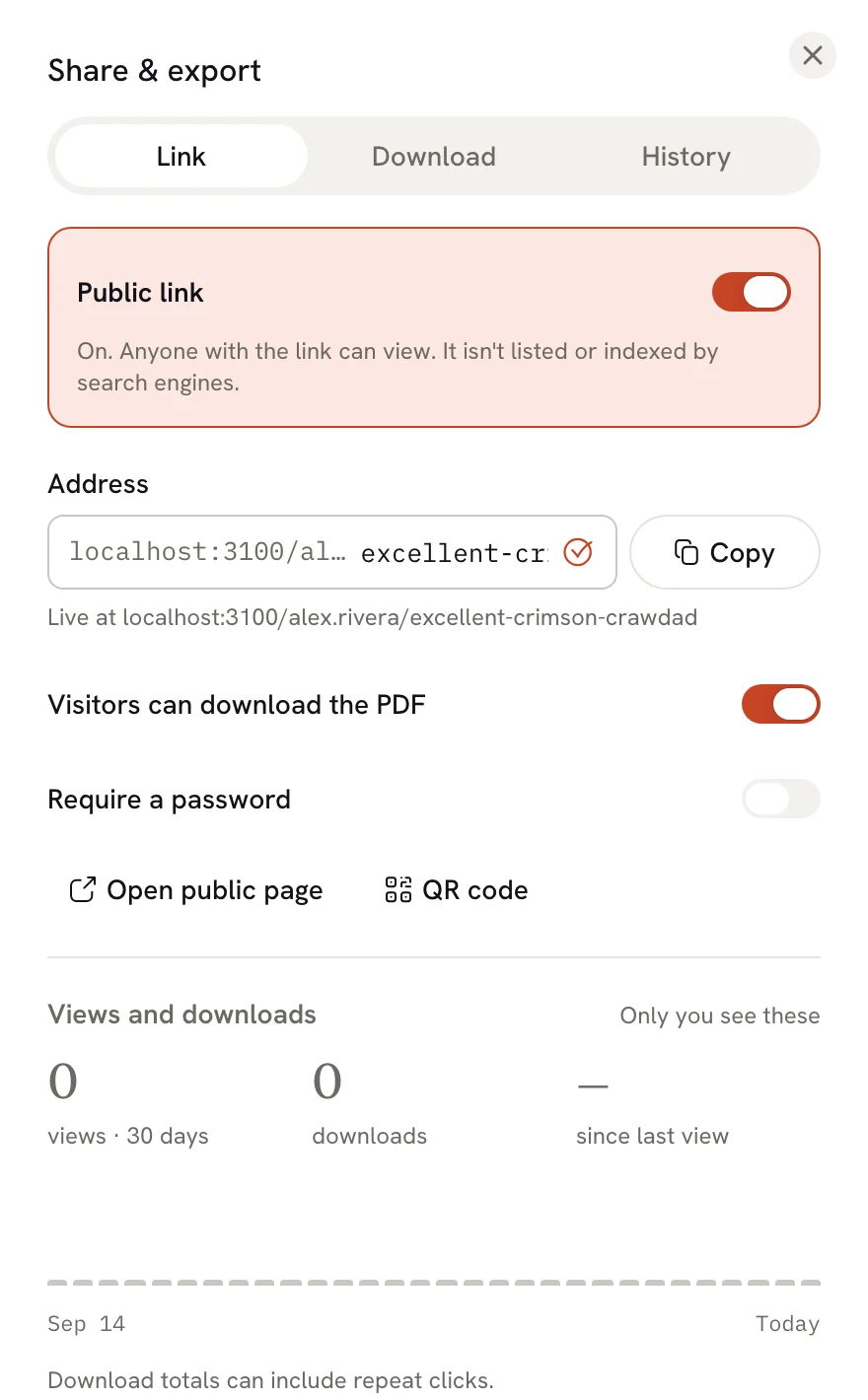 Link tab with Public link on, the address and a Copy button, switches for visitor downloads and a password, Open public page and QR code buttons, and view and download counts