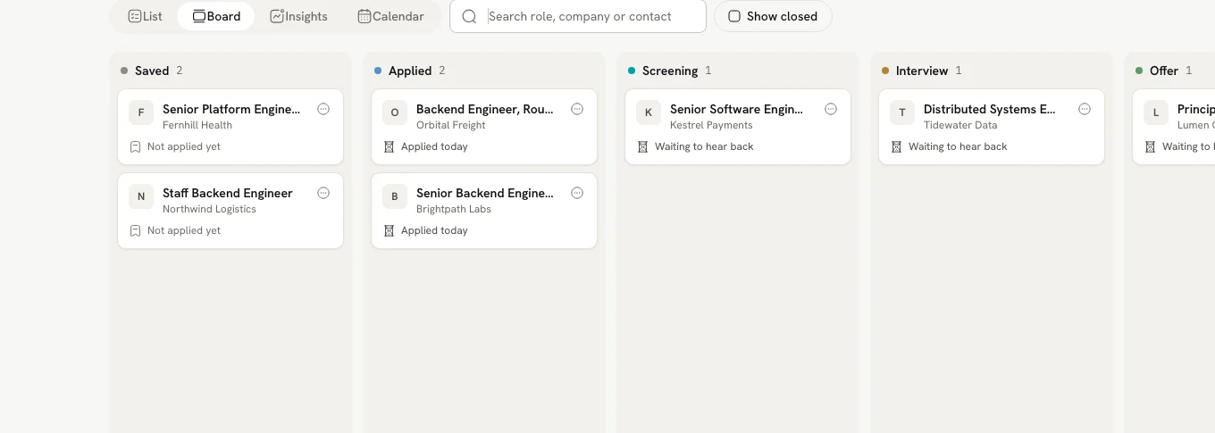 Board view with Saved, Applied, Screening and Interview columns, each card showing the role, company and next step