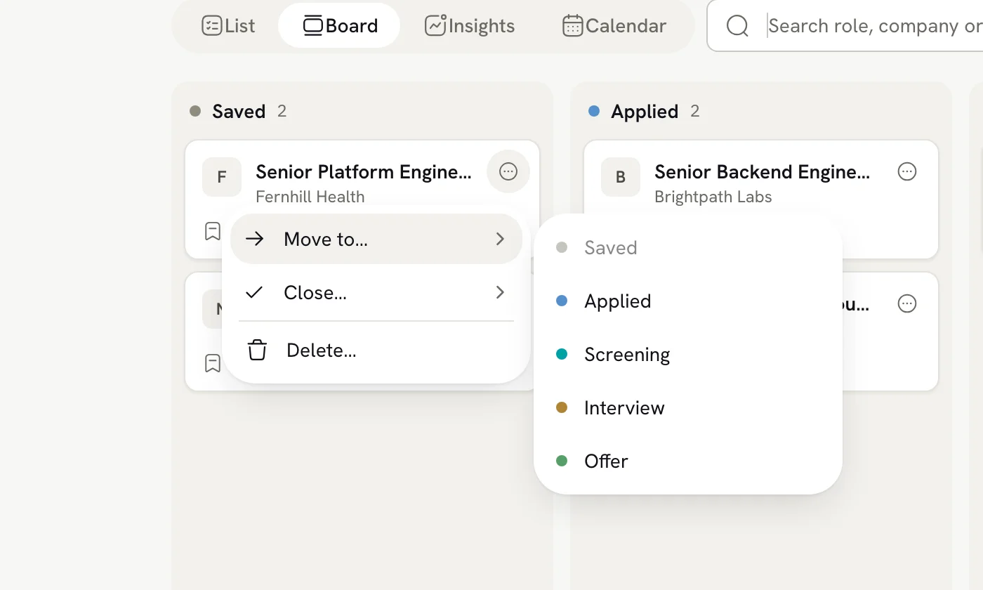 Card menu with Move to…, Close… and Delete…, and the Move to submenu listing Saved, Applied, Screening, Interview and Offer